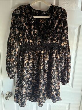SHEIN Black Floral Long-Sleeve V-Neck Dress with Tan Blooms